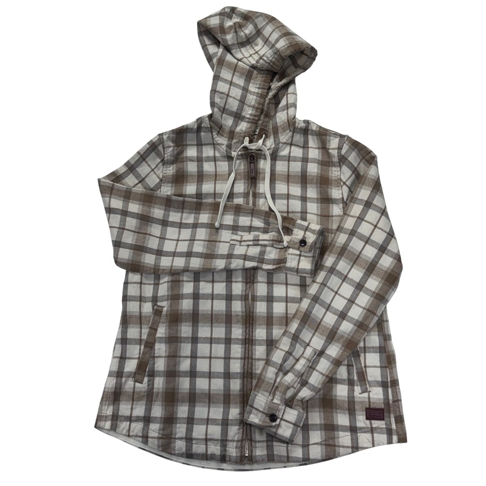 LL Bean Relaxed Fit Plaid Flannel Full Zip Hoodie Brown Cream XS